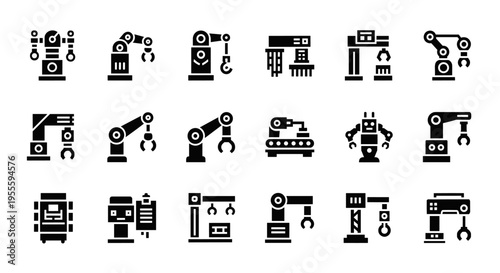 Collection of industrial robotic arms and automated machinery icons for manufacturing and technology