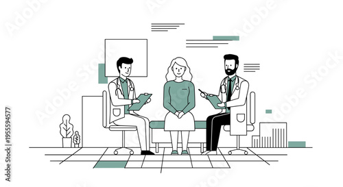 Two doctors consult with a female patient in a modern clinic setting, discussing medical charts