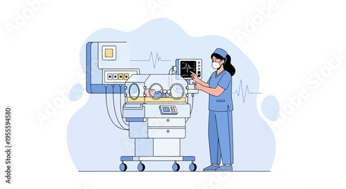 Neonatal Intensive Care Unit Nurse Caring for Premature Baby in Incubator with Medical Equipment