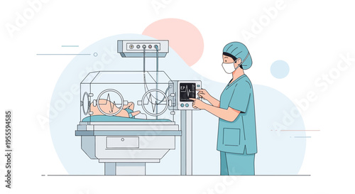Neonatal Intensive Care Unit Nurse Caring for Premature Baby in Incubator