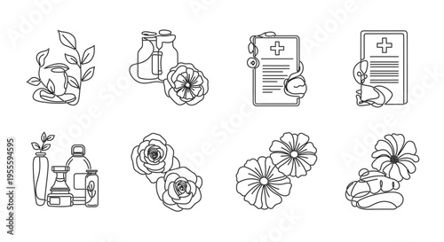 Set of herbal medicine and natural remedy line icons with plants, bottles and healthcare elements.
