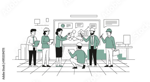 Team of engineers and architects collaborating on a project plan at a whiteboard