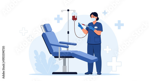 Nurse Administering IV Drip to Patient in Medical Chair - Healthcare Concept