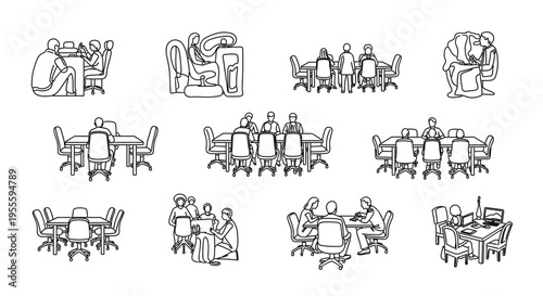 Collection of line art illustrations depicting diverse business meeting scenarios and office collaborations