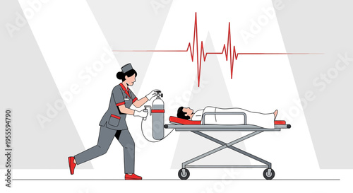 Nurse Administering Oxygen to Patient on Stretcher with Heartbeat Monitor