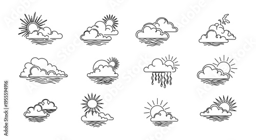 Collection of simple line art weather icons featuring sun, clouds, and rain over water