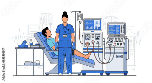 Nurse and Patient in Dialysis Treatment Room with Medical Equipment