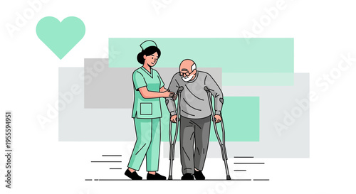 Nurse assisting elderly man with crutches, healthcare, support, medical care, senior living
