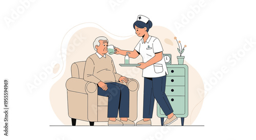 Nurse assisting elderly man with water, home care, medical support, compassion