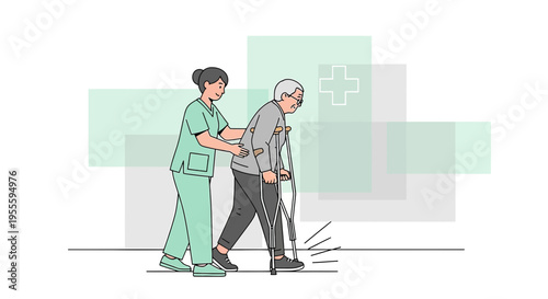 Nurse assisting elderly patient with crutches, rehabilitation and care concept