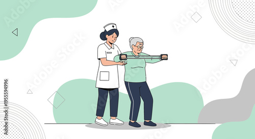Nurse assisting elderly woman with resistance band exercise for physical therapy and rehabilitation