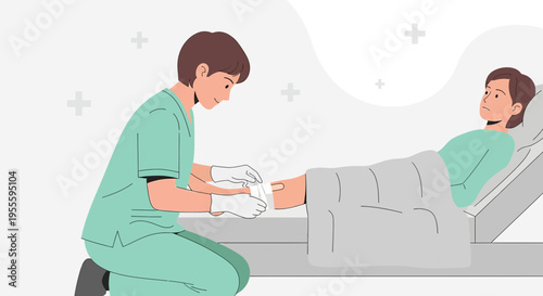 Nurse bandaging patient's leg in hospital bed, medical care and treatment concept