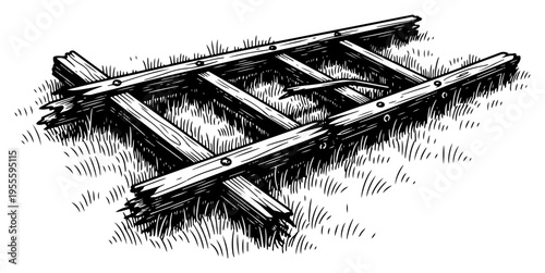 Broken wooden ladder lying on the grass in a hand drawn woodcut style