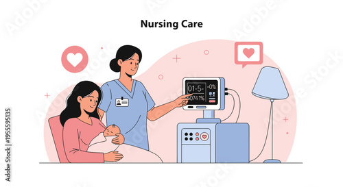 Nurse caring for a mother and newborn baby, medical equipment, healthcare concept