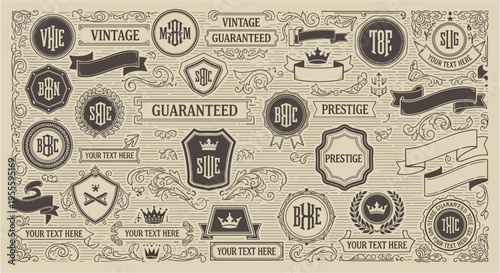 Vintage design elements collection with monograms, ribbons, and badges