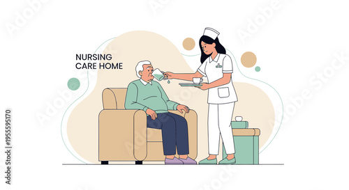 Nurse caring for elderly man in nursing home, providing medical assistance and support