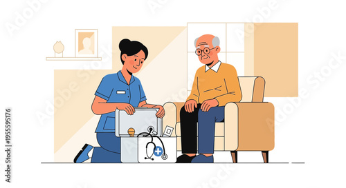 Nurse caring for elderly man at home, medical check-up, home healthcare, doctor visit