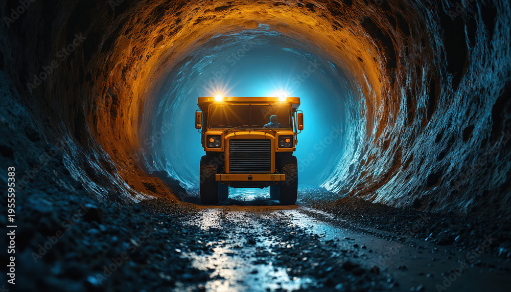 Fototapeta premium Yellow mining truck drives through dark underground tunnel. Heavy vehicle transports ore minerals from cavern. Worker operates machine in deep mine. Industrial scene, earth excavation.