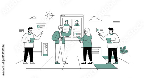 Team discussing project progress and reviewing candidate profiles on a digital screen