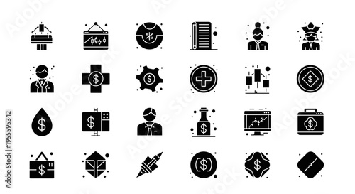 Collection of financial and business icons with dollar symbols and charts