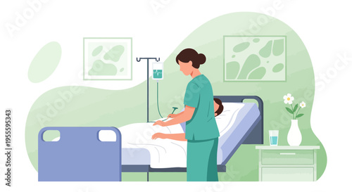 Nurse caring for patient in hospital bed, medical care, healthcare, treatment, recovery