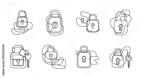 Collection of continuous line art padlock and key illustrations on a white background