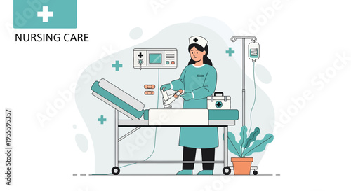 Nurse caring for patient in hospital room with medical equipment and IV drip