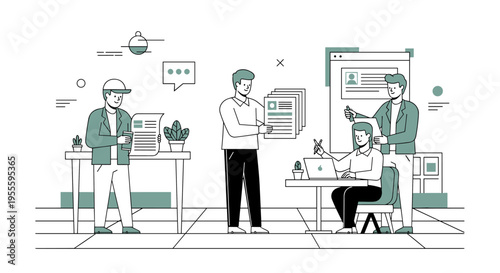 Team collaborating on documents and projects in a modern office setting