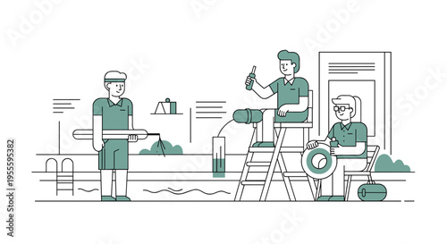 Lifeguards monitoring pool water quality and safety with equipment