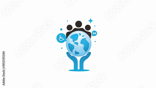 Hands cradling a blue globe with black circles and symbols around it on white background