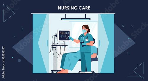 Nurse caring for patient in hospital room with vital signs monitor