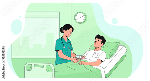 Nurse caring for patient in hospital room, medical check-up, healthcare concept
