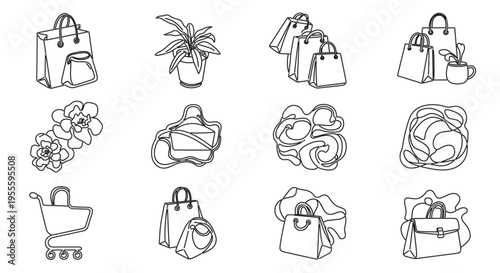 Collection of minimalist line art icons representing shopping bags, plants, and abstract shapes