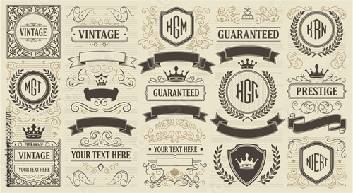Collection of vintage emblems, badges, and banners with ornate decorative elements