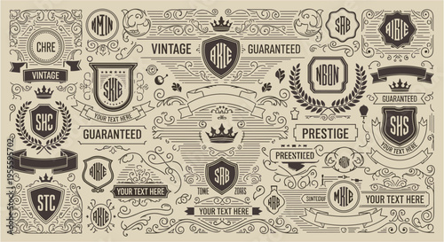 Vintage ornamental design elements with shields, crowns, and banners for branding
