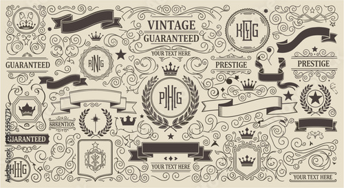 Collection of vintage ornamental elements and design flourishes for graphic design