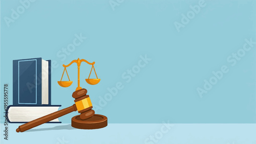 Law book gavel and scales of justice on a desk in a courtroom or lawyer's office setting with blue background