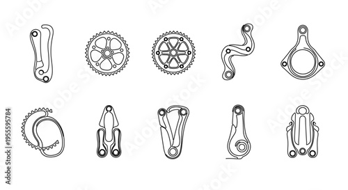 Collection of bicycle chainring and crankset components in a minimalist line art style