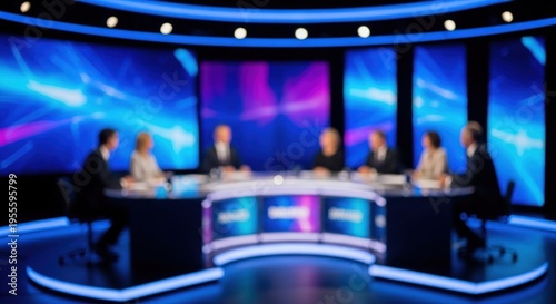 A defocused television studio set with a blue and purple backdrop and a round table with a group of people in business attire.