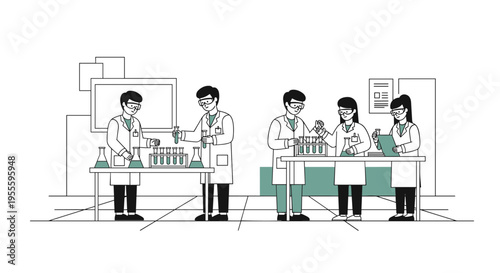 Scientists in a laboratory conducting experiments with beakers and test tubes