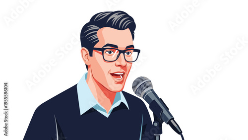 Young man with glasses and professional attire speaking into a microphone during a presentation, speech, or podcast recording session.