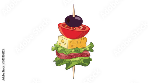 Delicious snack featuring an olive, tomato, cheese, lettuce, and meat stacked on a wooden toothpick skewer isolated on white background.