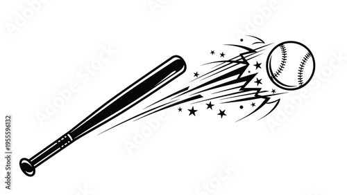 Dynamic black and white illustration of a baseball bat hitting a ball with impact lines and stars representing a home run or power hit.