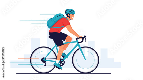 Active man wearing a helmet and backpack riding a blue bicycle quickly past city buildings on a sunny day for exercise and commuting.