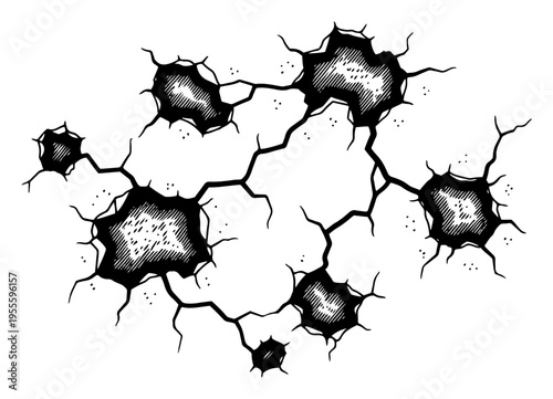 Interconnected jagged craters and deep cracks in a heavy woodcut engraving style