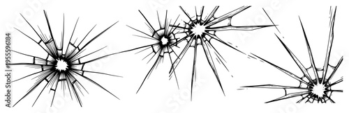 Shattered glass impact points with sharp radial cracks in a dynamic sketch style