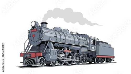 Classic grey steam locomotive train travels along tracks emitting a trail of white smoke from its chimney on a plain background.