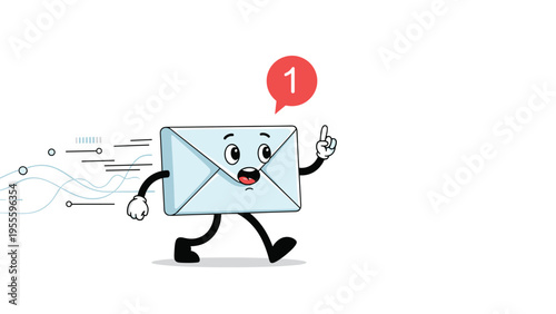 Cute cartoon envelope character with arms and legs walks forward with a notification bubble showing one unread message.