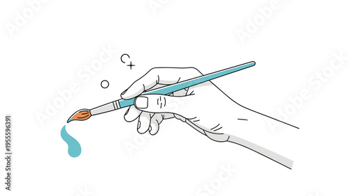 Artist's hand skillfully holds a slender paintbrush to create an artistic stroke with light blue paint on a clean white surface.