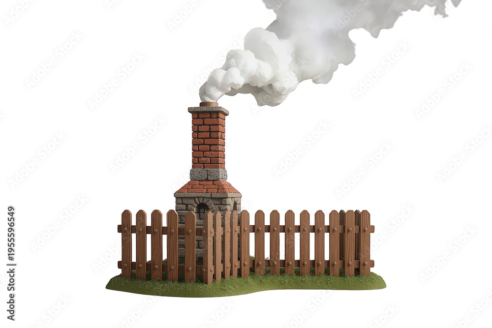 Obraz premium Miniature brick chimney with smoke, rustic outdoor fireplace, and wooden fence model on green grass, isolated transparent background